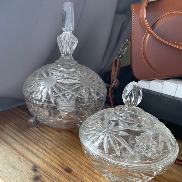 Vintage set of two crystal jar jewelry holder